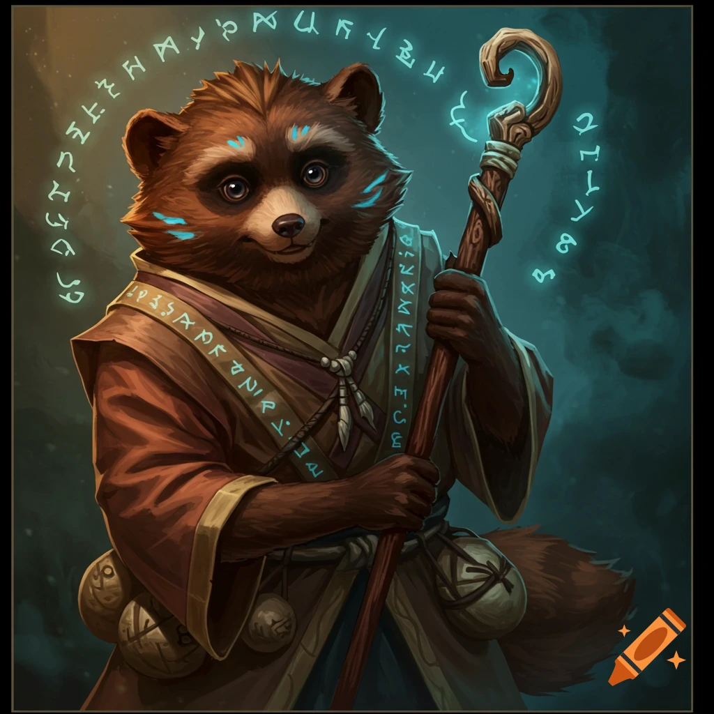 Concept art of a brown tanuki Thaumaturge in robes, holding a glowing staff, with magical runes around its head.