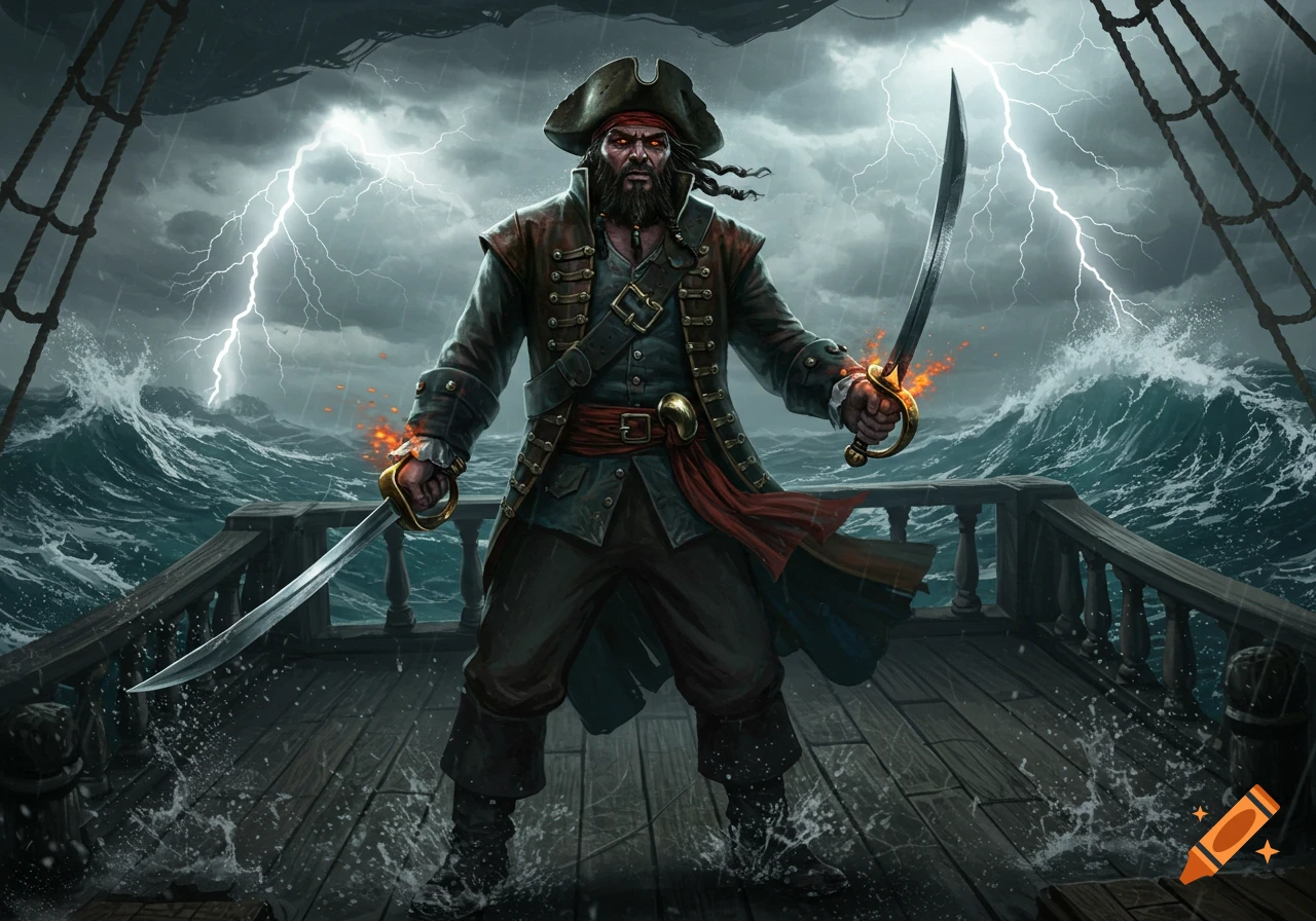 A grim-faced pirate stands on a stormy ship deck, wielding two glowing swords with lightning in the background.