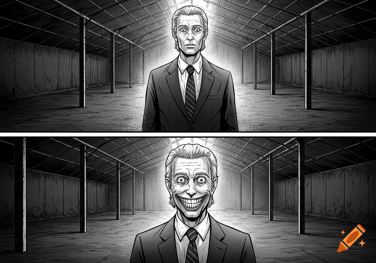 Two manga-style panels in grayscale show a man in a suit in an empty warehouse; top panel he looks fascinated, bottom panel he has a wide, unsettling smile.