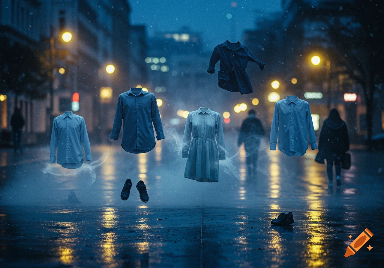 Floating clothes and shoes on a dark, rainy city street at night, suggesting invisible people.