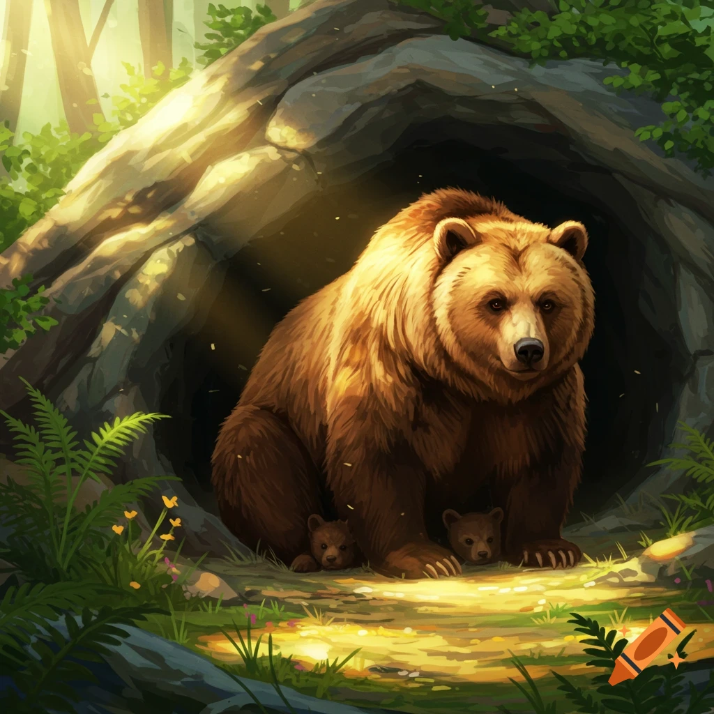 A mother bear and two cubs sit at the entrance of a sunlit forest cave in a detailed illustration.