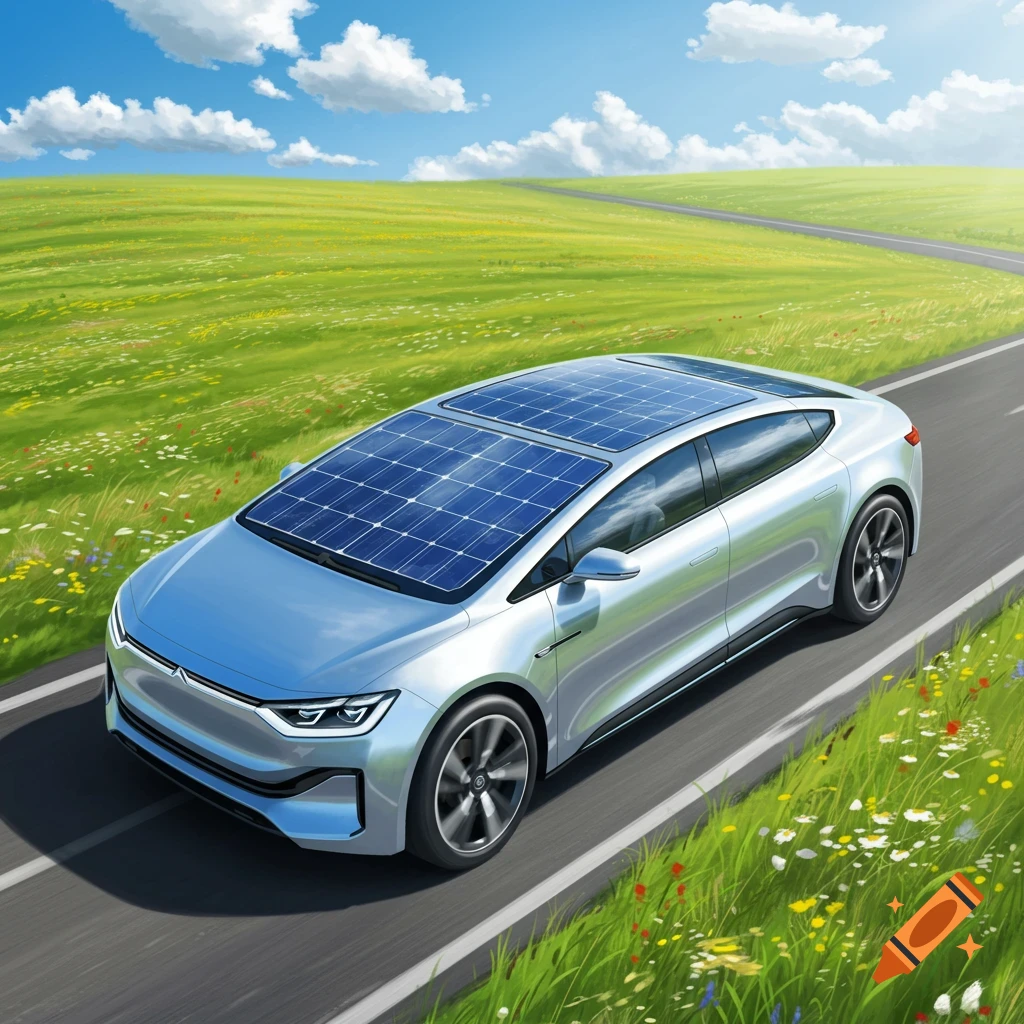 A sleek silver car with solar panels on its roof drives on a winding road through a vibrant green, grassy field under a bright blue sky.