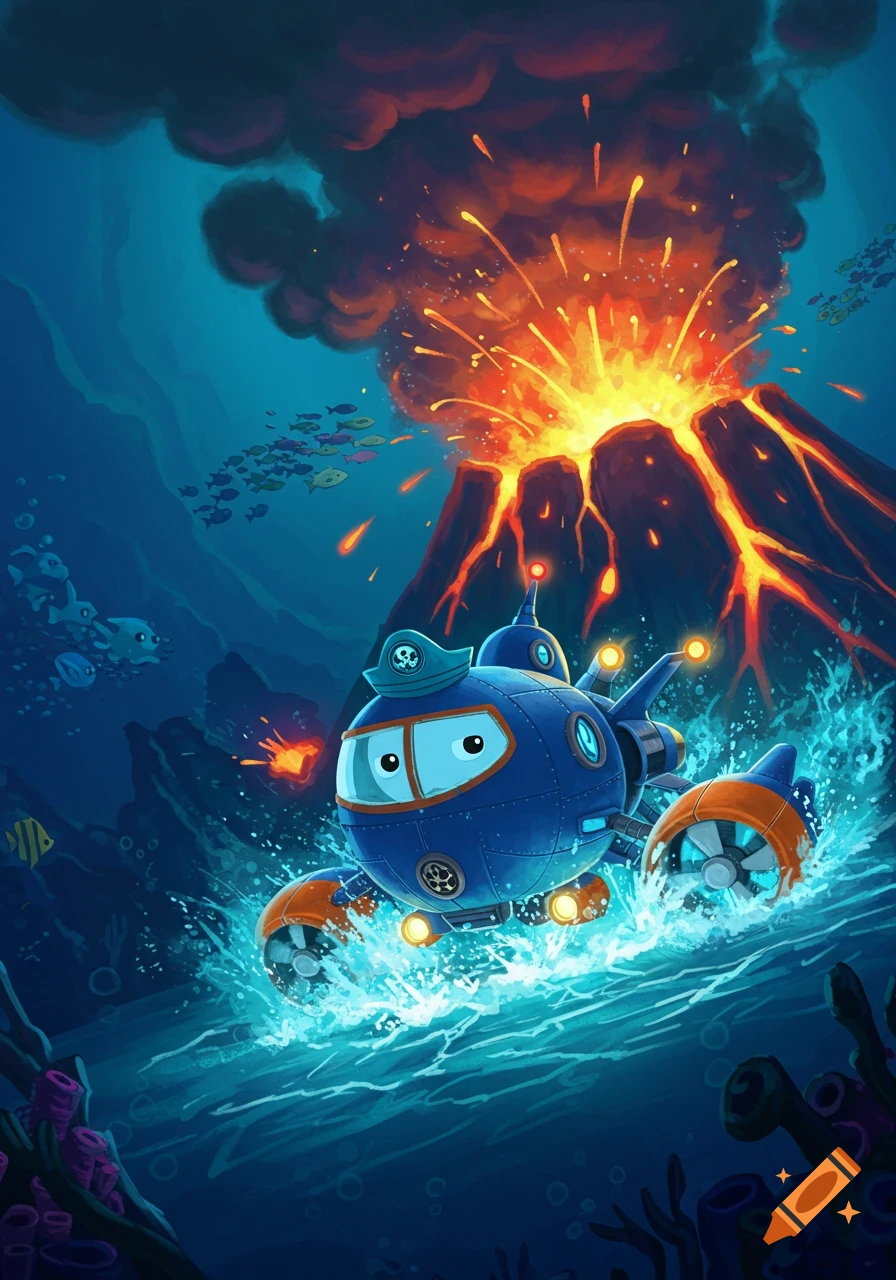 A blue cartoon submarine with a pirate hat bursts from the ocean near an erupting underwater volcano, surrounded by fish.