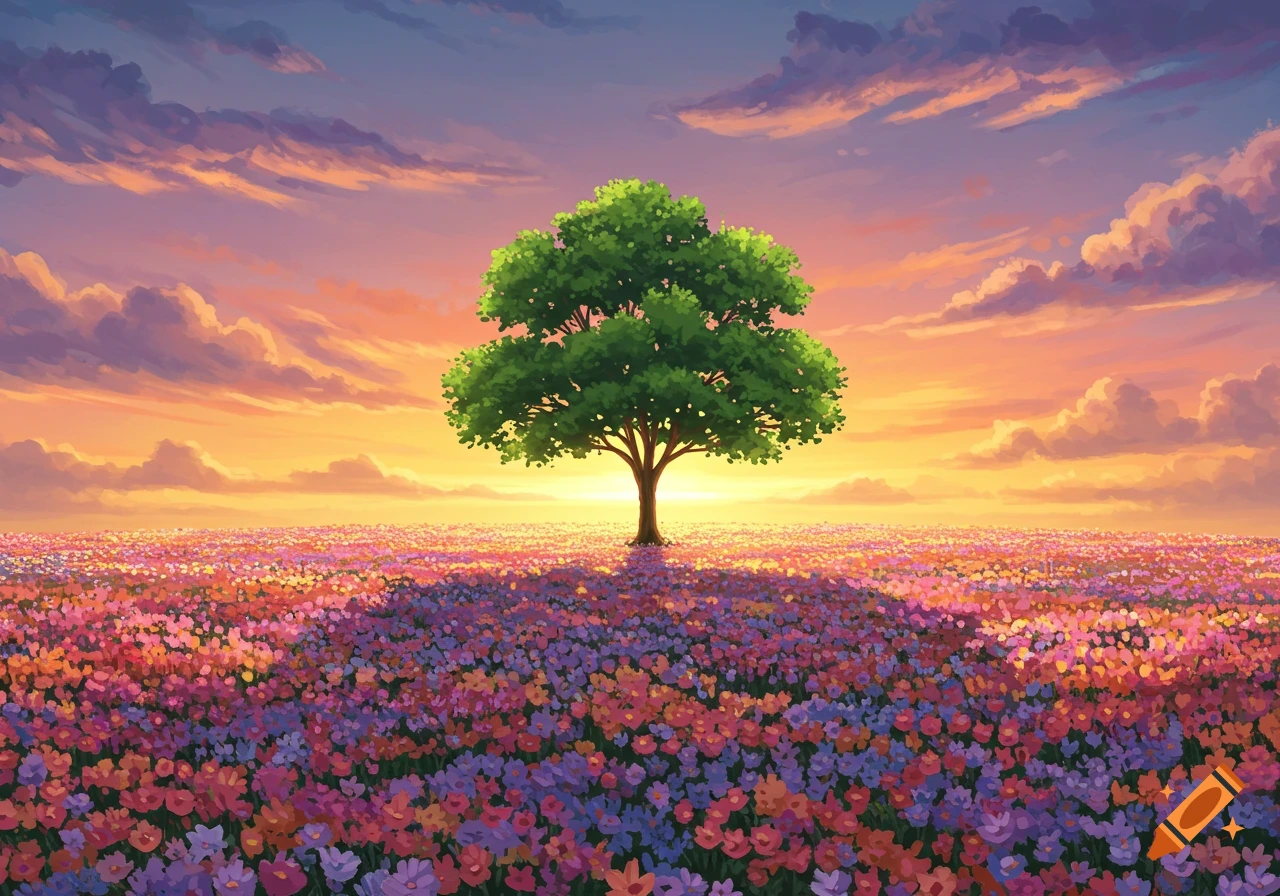A vibrant digital painting of a solitary green tree in a colorful flower field under a dramatic sunset sky.