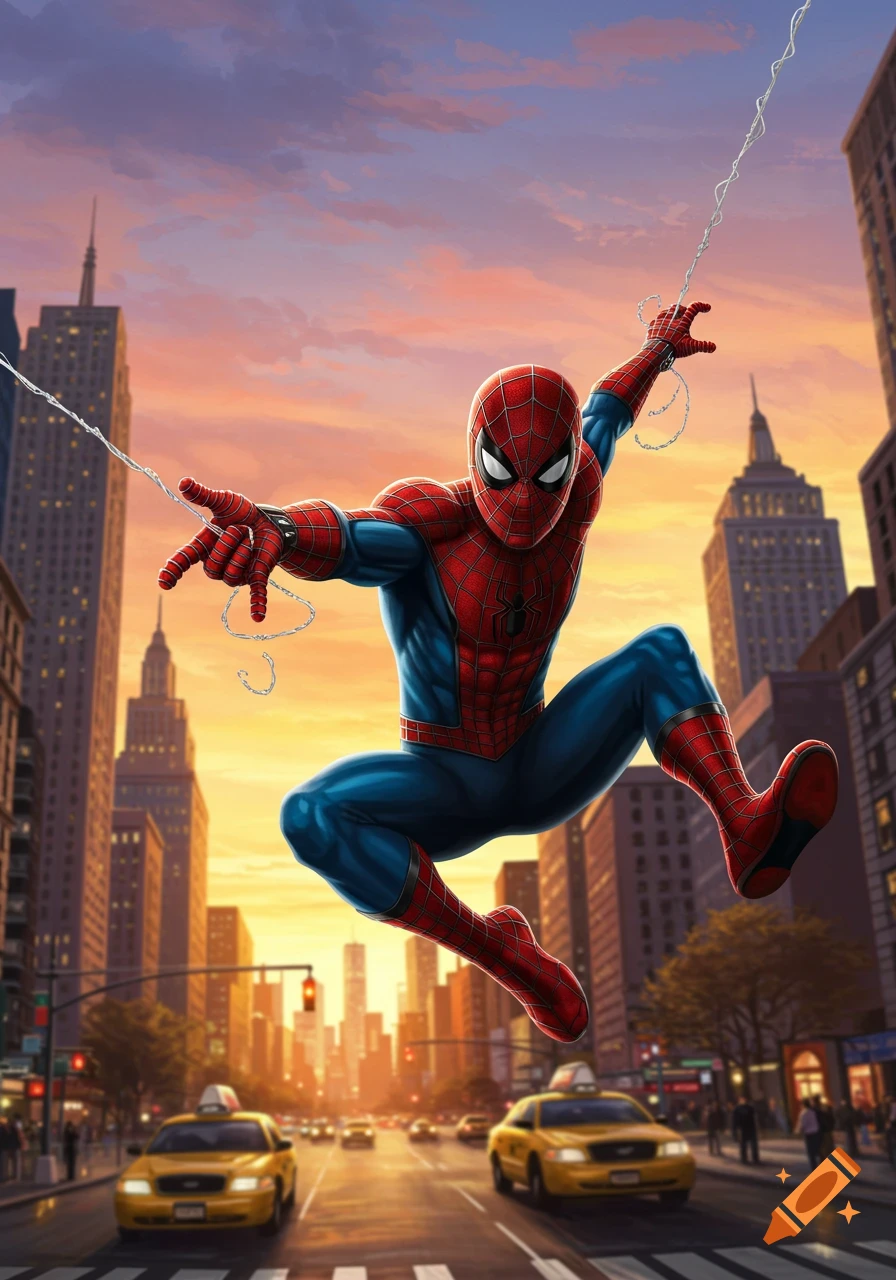Comic book illustration of Spider-Man leaping over a busy city street at sunset, with tall buildings and yellow taxis.