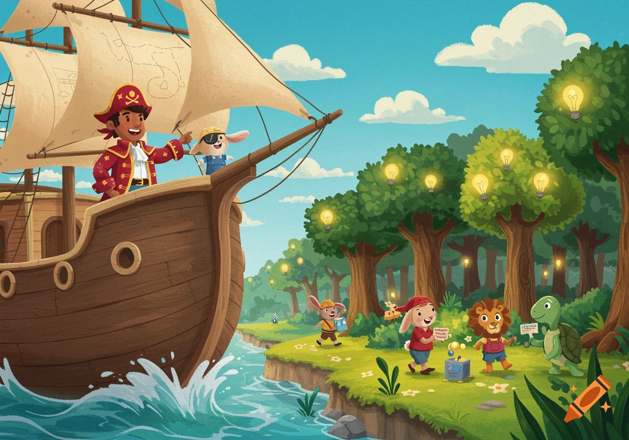 A cartoon pirate ship with a person and a dog on board sails past a shore where animal characters explore a forest with lightbulb trees.