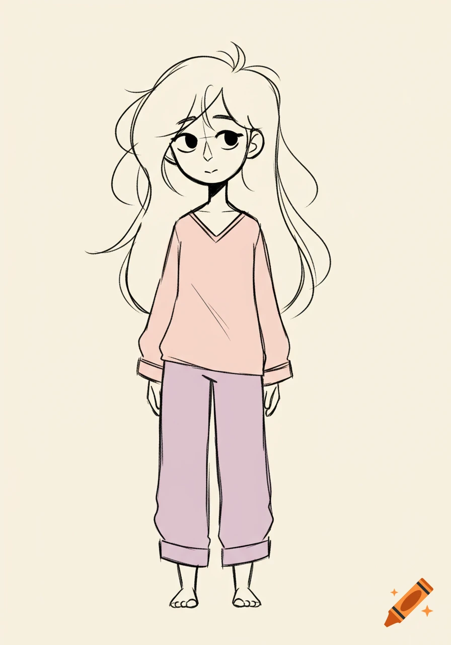 A simple 2D flat cartoon sketch of a girl with long messy hair, wearing a pink top and purple pajamas, standing barefoot.