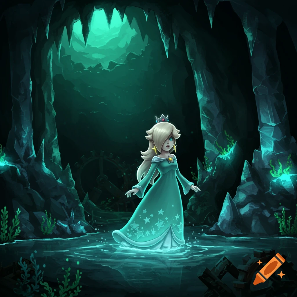 Princess Rosalina in a teal dress stands in glowing water inside a dark, rocky cave with stalactites. Digital art.