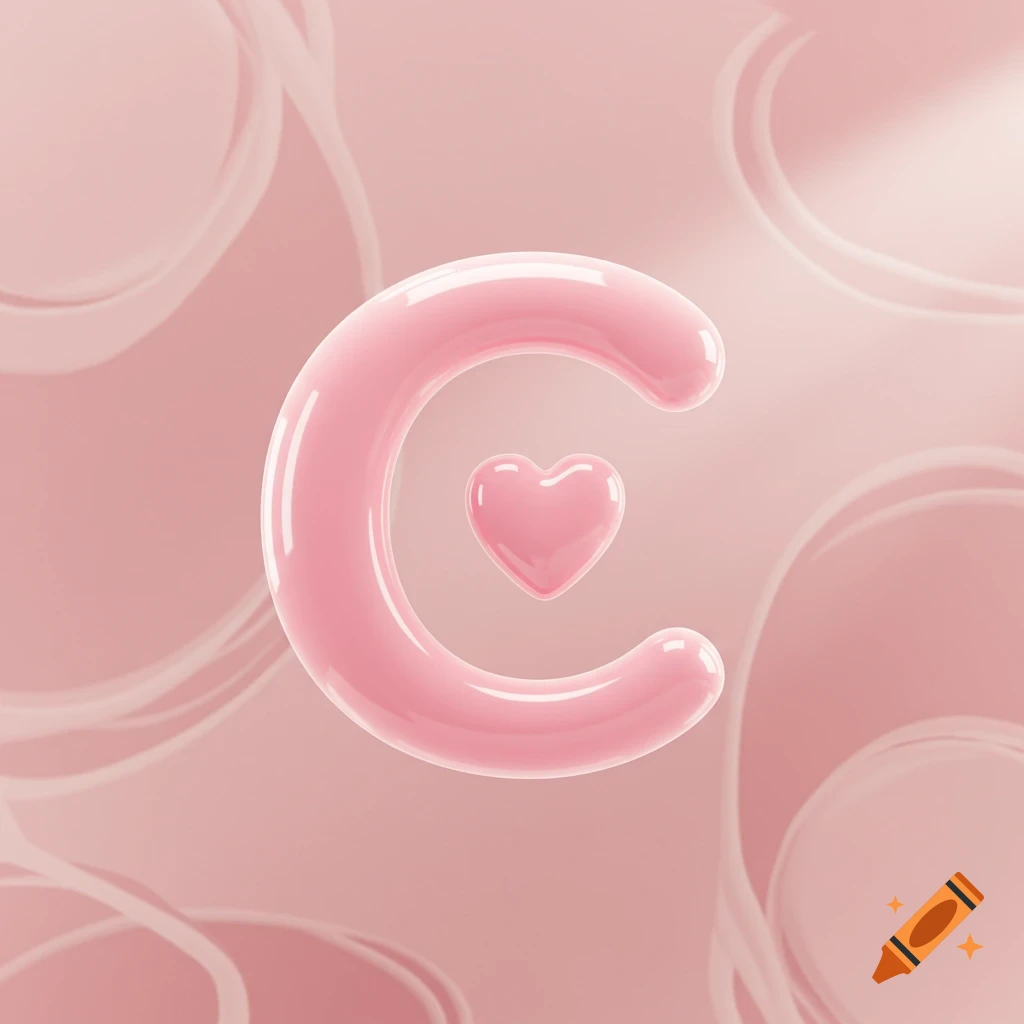 A shiny pink 3D letter C with a smaller pink heart inside, set against a soft pink background with subtle abstract curves.
