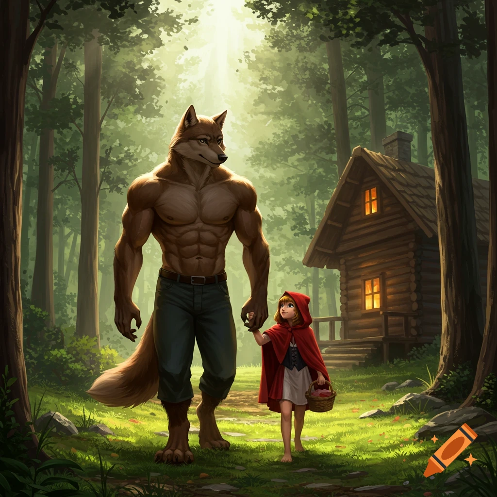Muscular anthropomorphic wolf and Little Red Riding Hood hold hands, walking through a sunlit forest path towards a rustic cabin.