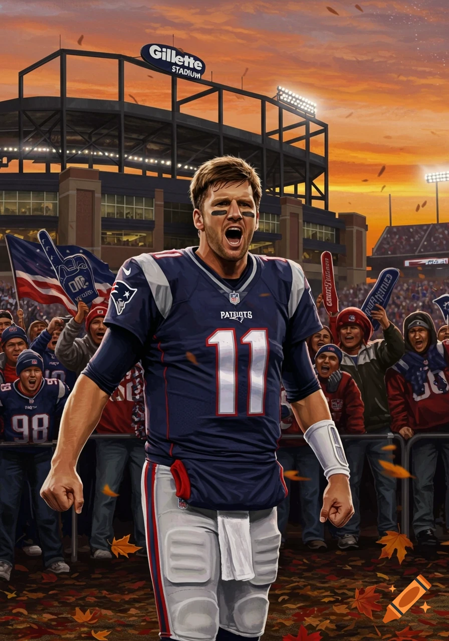A stylized painting of a New England Patriots quarterback, number 11, cheering in a stadium at sunset, with fans in the background.