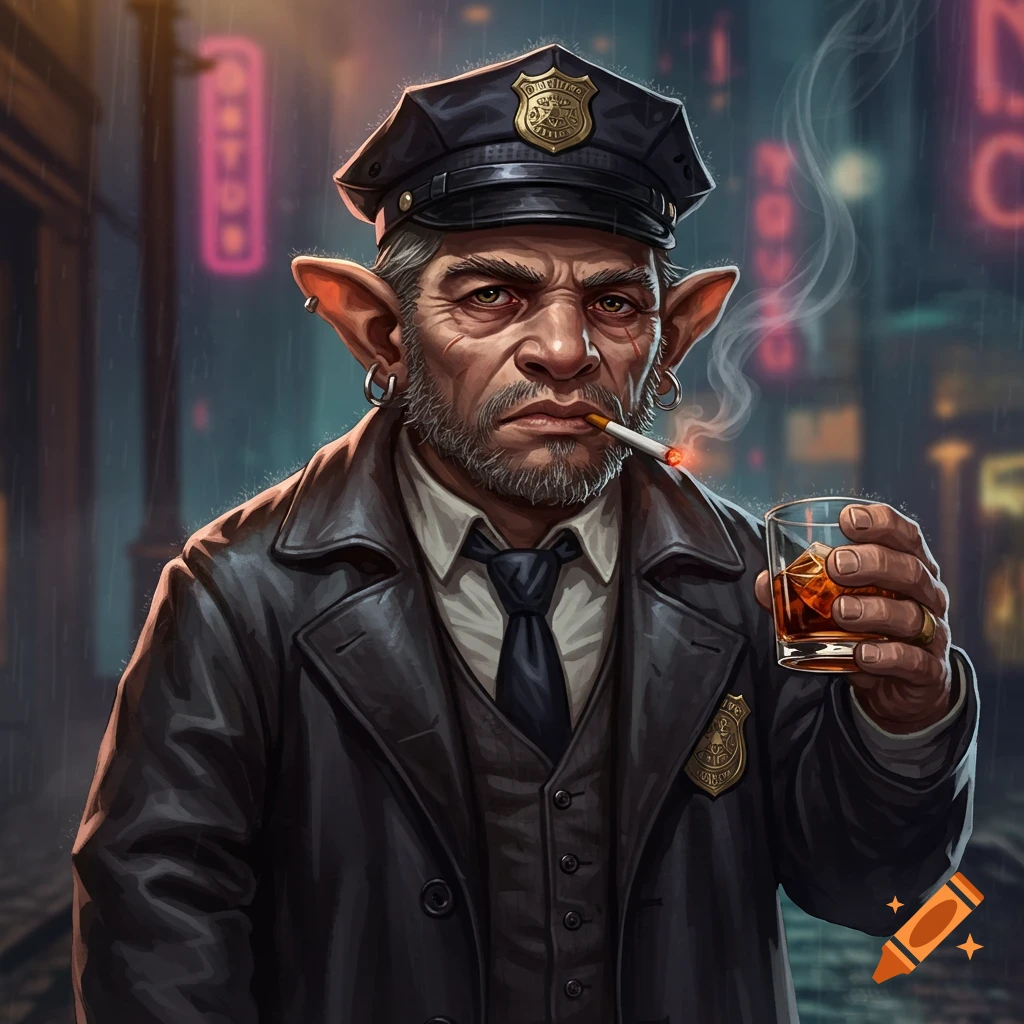 A grizzled halfling police detective with large ears, a beard, smoking a cigarette and holding a drink, standing in a rainy, neon-lit urban street.