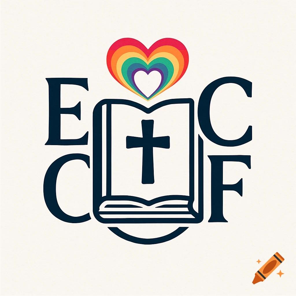 A logo with the letters ECCF surrounding an open Bible with a cross inside, topped by a rainbow-colored heart.