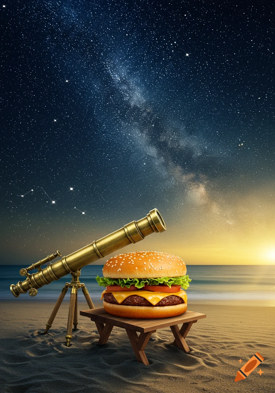 Photorealistic burger and telescope on a sandy beach under a dazzling starry night sky with the Milky Way.