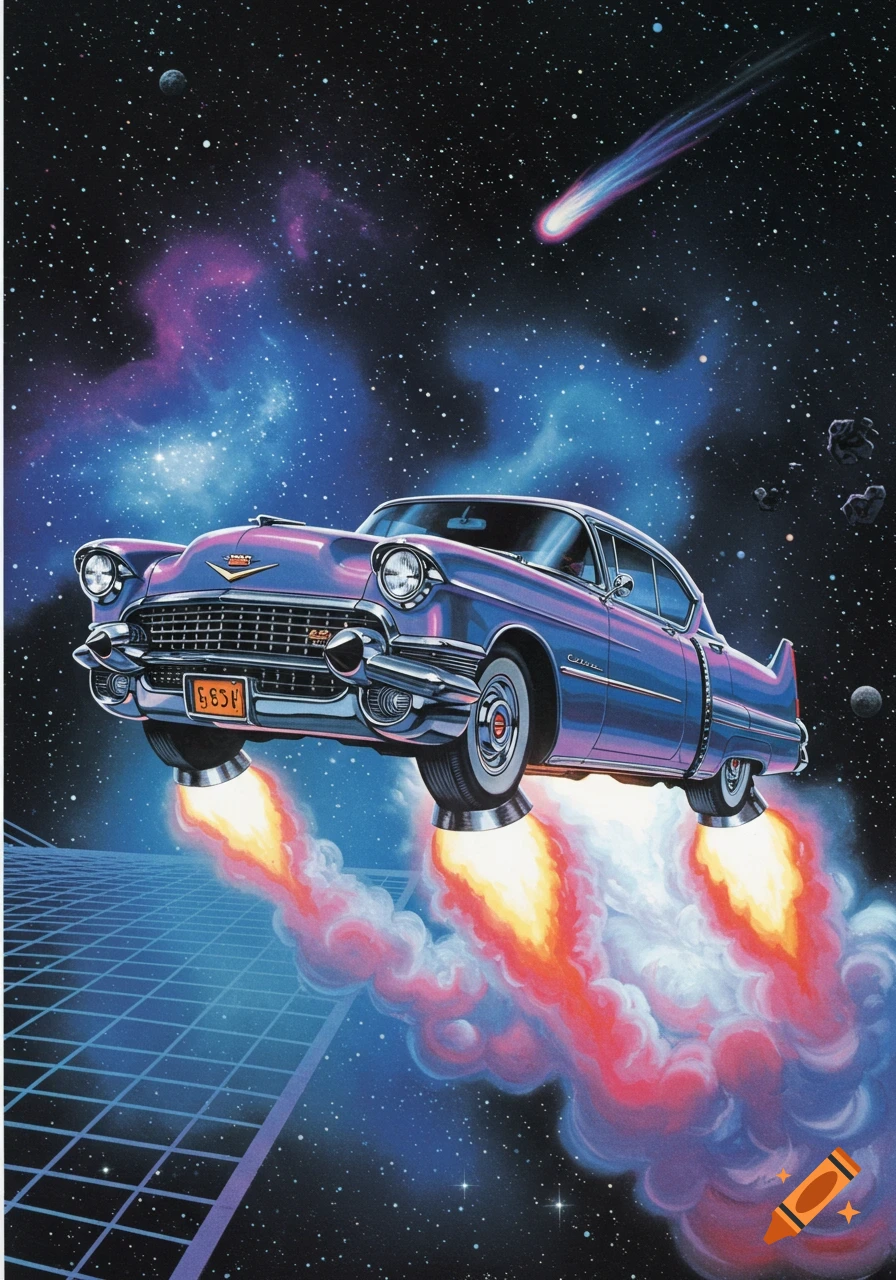 A purple 1950s Cadillac, modified with rocket engines, flying through a starry outer space with a neon grid floor, in a vibrant 1980s retro art style.