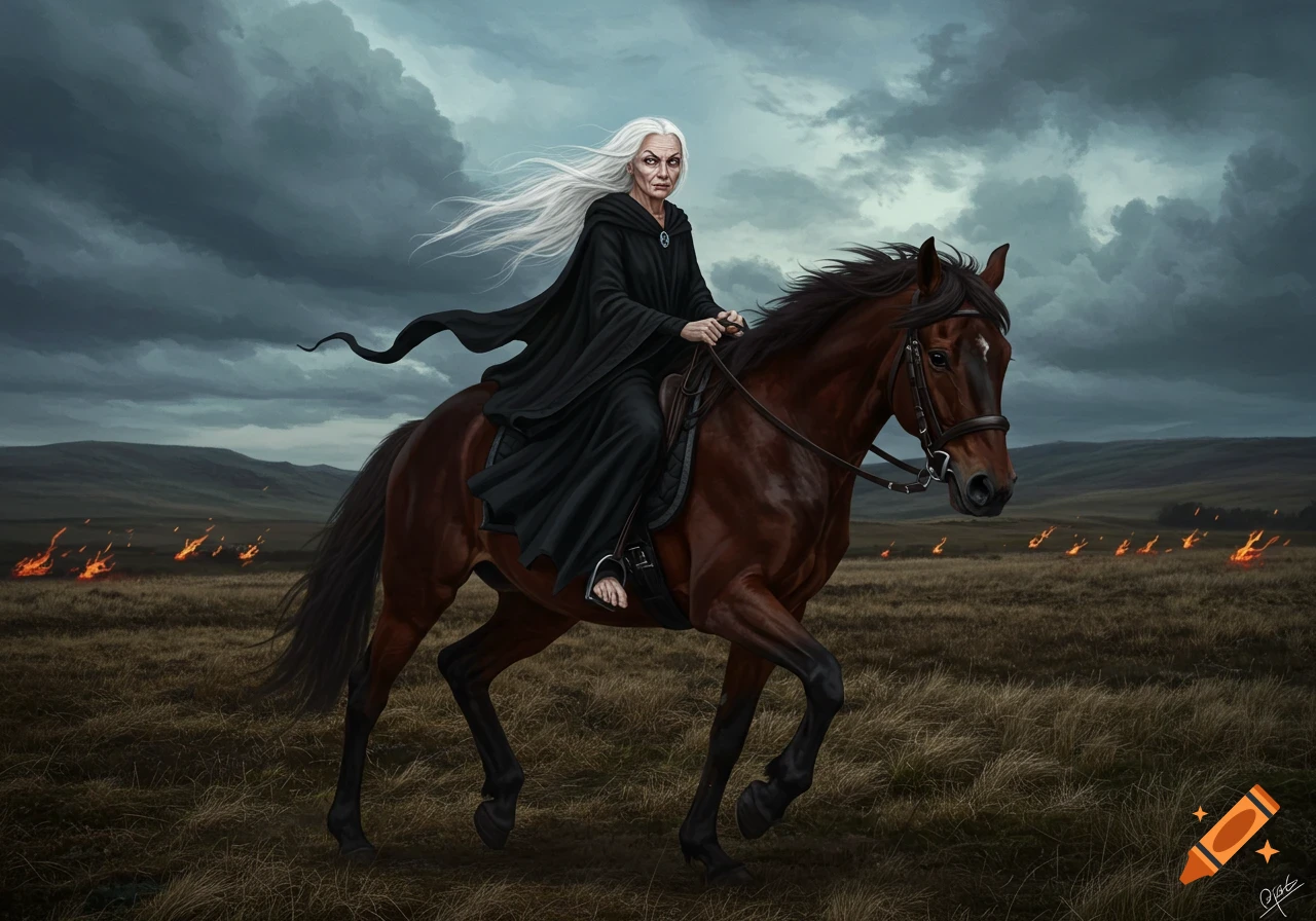 An old woman with long white hair in a black cloak rides a horse across a dark field with distant fires under a stormy sky. Illustrated.