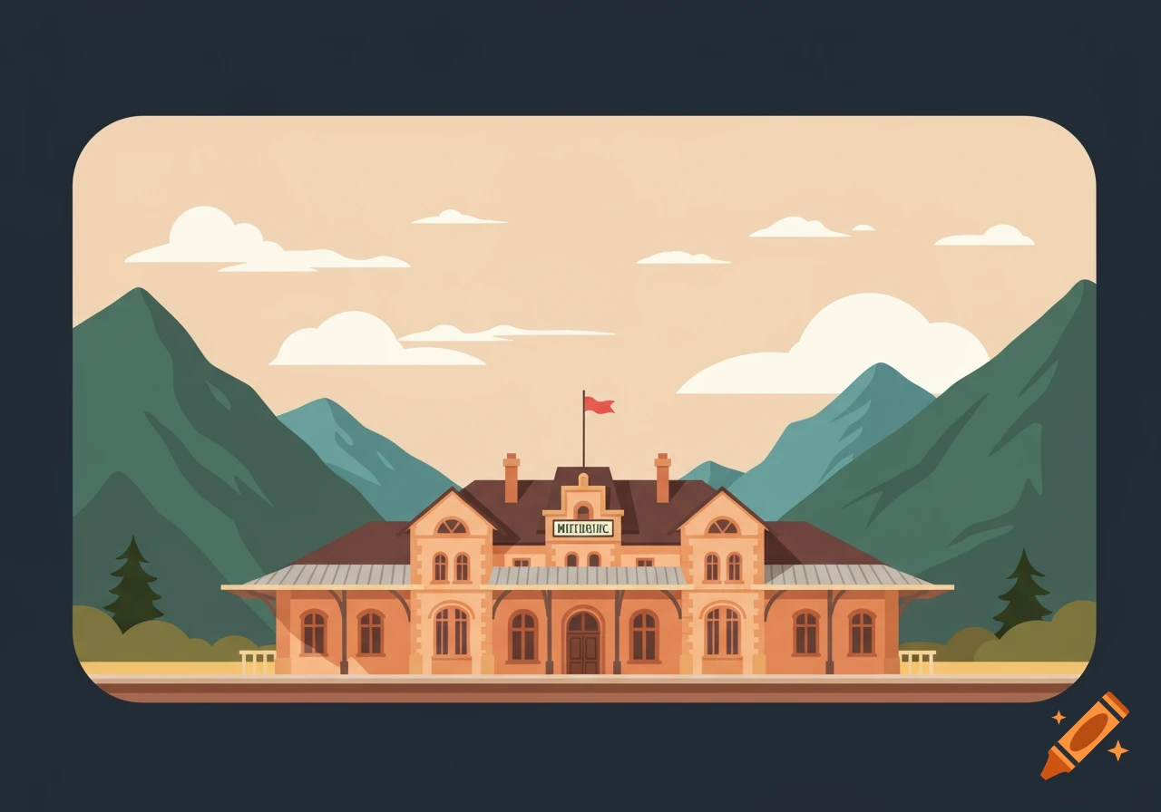 Flat icon illustration of a historic train station with mountains and clouds under a peach sky.
