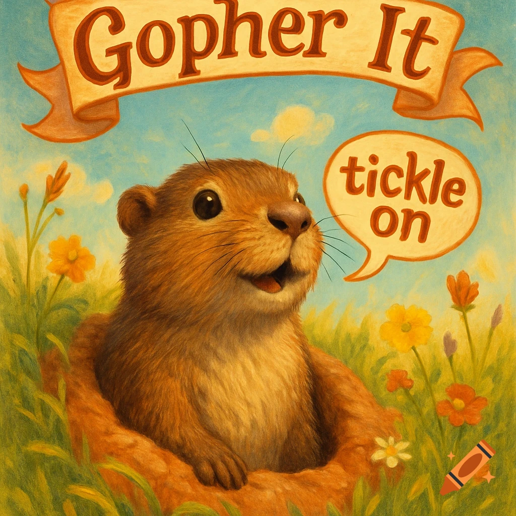 Illustration of a cute gopher in a flower field with a banner saying 'Gopher It' and a speech bubble saying 'tickle on'.