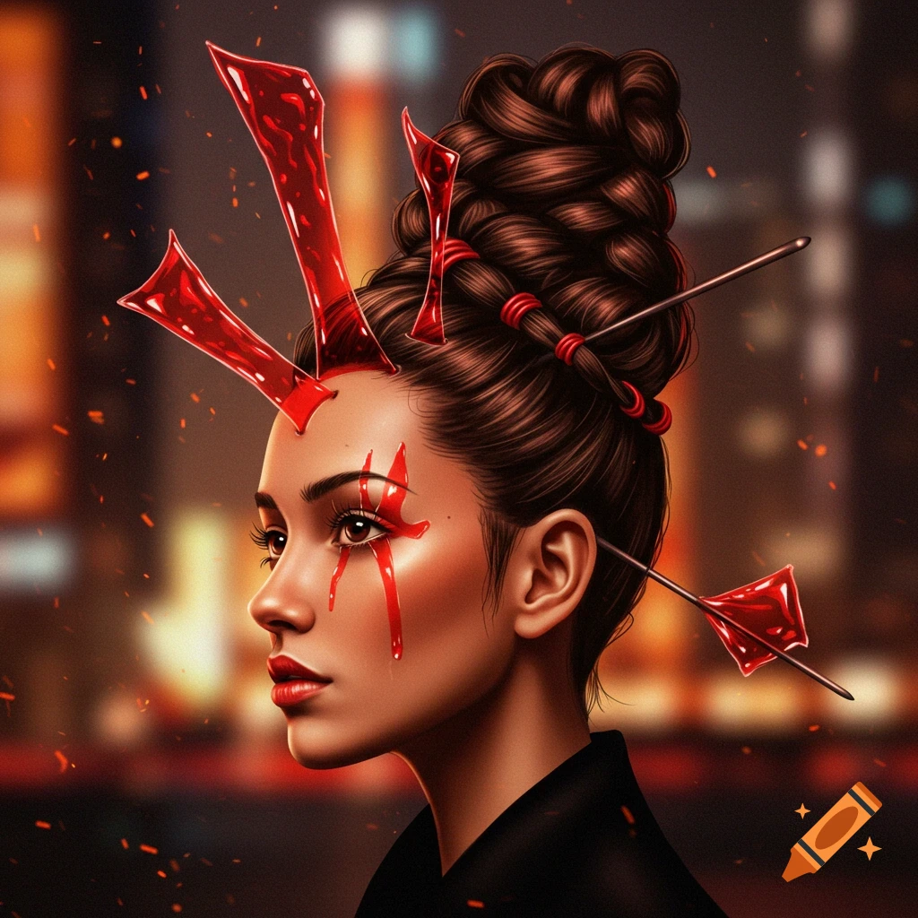 Profile of a woman with an elaborate braided bun, red fire-like markings on her face, and decorative arrows in her hair.
