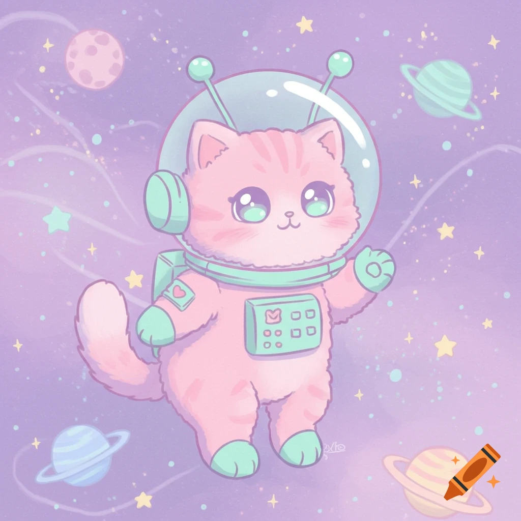 Kawaii pastel pink astronaut cat with mint green accents, big sparkling eyes, floating in a lavender space with stars and planets.