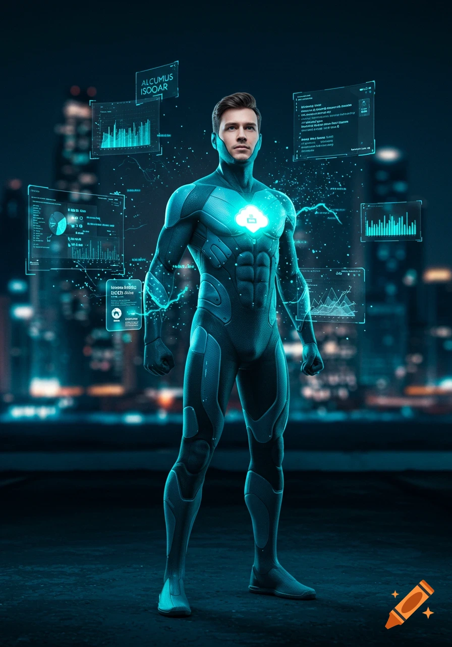 A futuristic superhero in a teal suit with glowing accents stands heroically, surrounded by holographic screens displaying data and a cityscape in the background.
