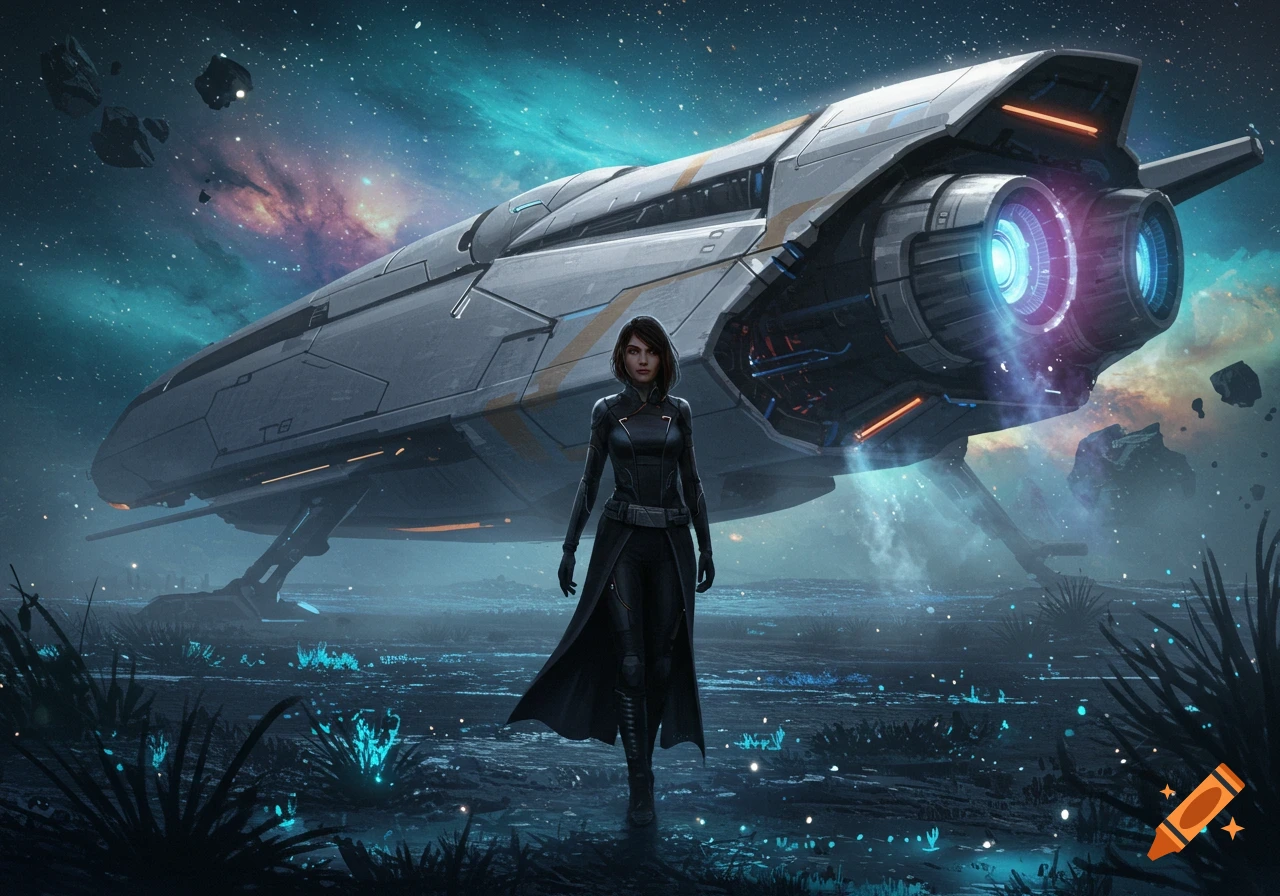 A woman in a futuristic black suit stands on an alien planet with glowing blue plants, in front of a large, sleek spaceship. Asteroids float in the starry, nebula-filled sky.