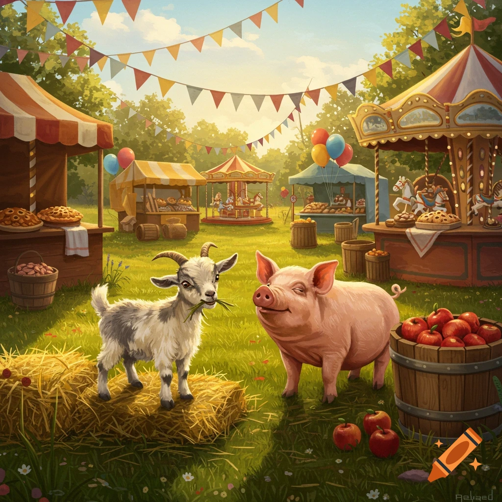 A cute pig and goat at a sunny outdoor festival with tents, a carousel, balloons, and food stalls in a vibrant illustration style.