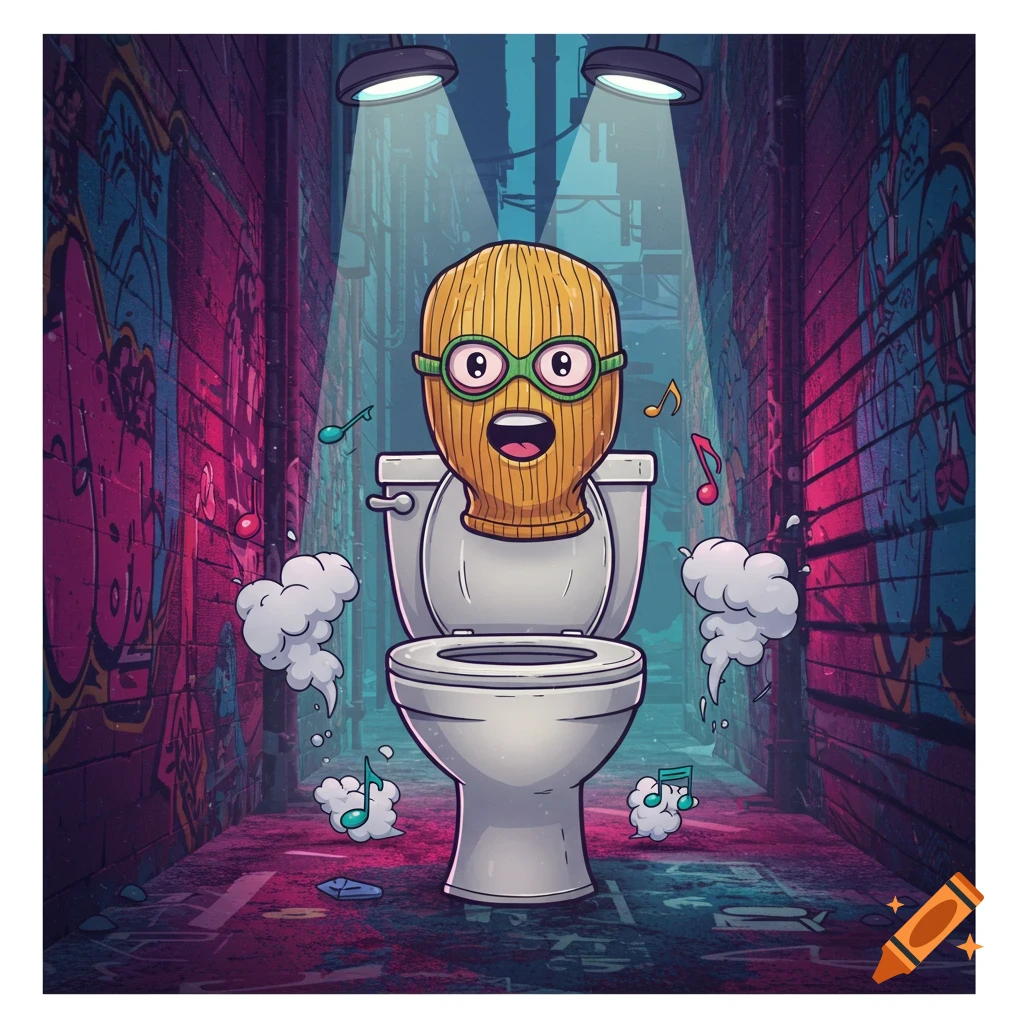 A cartoon toilet character with a yellow ski mask and green goggles stands in a graffiti-covered alley, with musical notes and smoke.