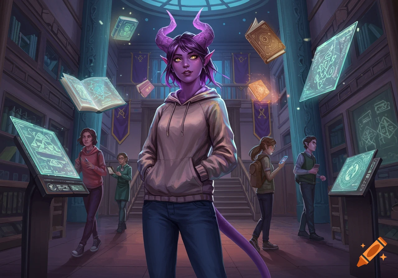 A purple-skinned, horned woman in a hoodie stands in a magical library filled with glowing books and holographic screens, with other students in the background.