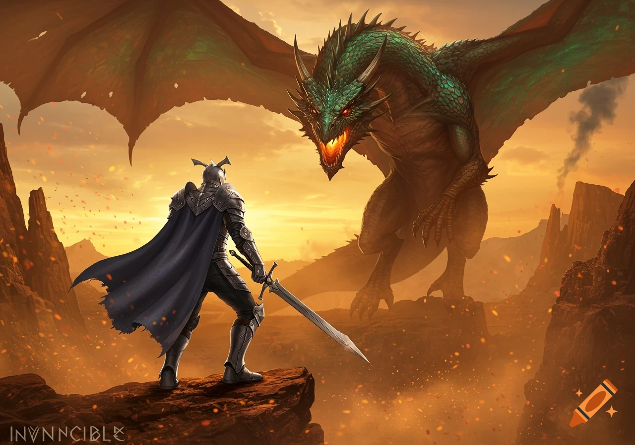 A knight in armor stands on a cliff, sword drawn, facing a large green dragon with glowing eyes in a fiery, orange landscape.
