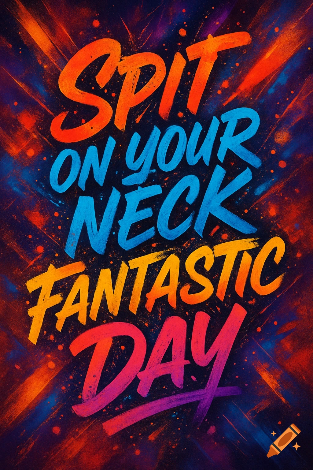 Colorful brush stroke text 'Spit on your neck fantastic day' on a dark, vibrant, splattered background.