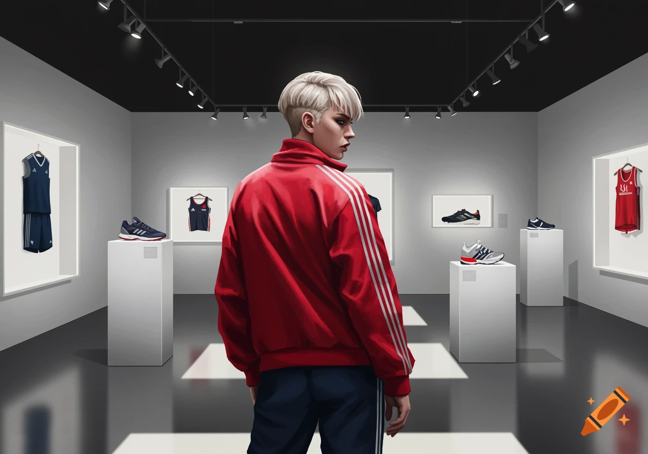 A blonde person in a red tracksuit stands in a gallery, viewing an exhibit of Adidas sportswear and shoes on pedestals and in wall displays.