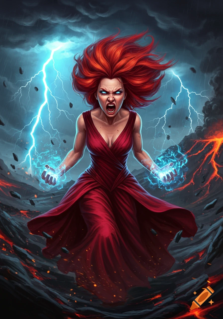 A raging woman with fiery red hair and glowing eyes, manifesting blue energy, stands in a volcanic storm with lightning. Digital art.