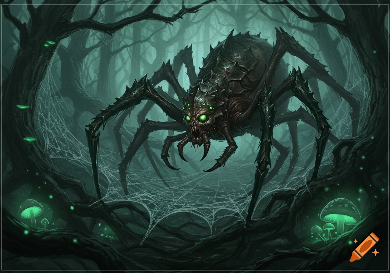 A menacing, spiky ettercap spider with glowing green eyes in a dark, misty fantasy forest with glowing mushrooms and webs, dark fantasy art.