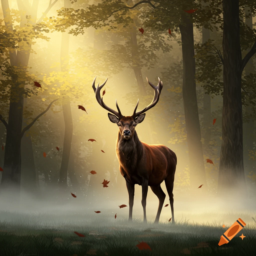 A majestic stag stands in a misty, sunlit forest with autumn leaves falling, in a digital art style.