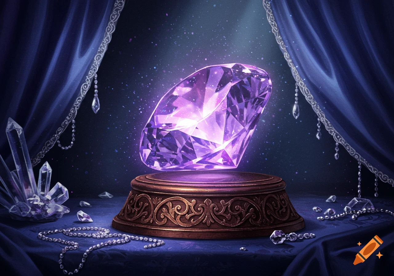 Glowing purple diamond floats above an ornate pedestal, surrounded by natural crystals, pearls, and blue draped fabric with curtains.