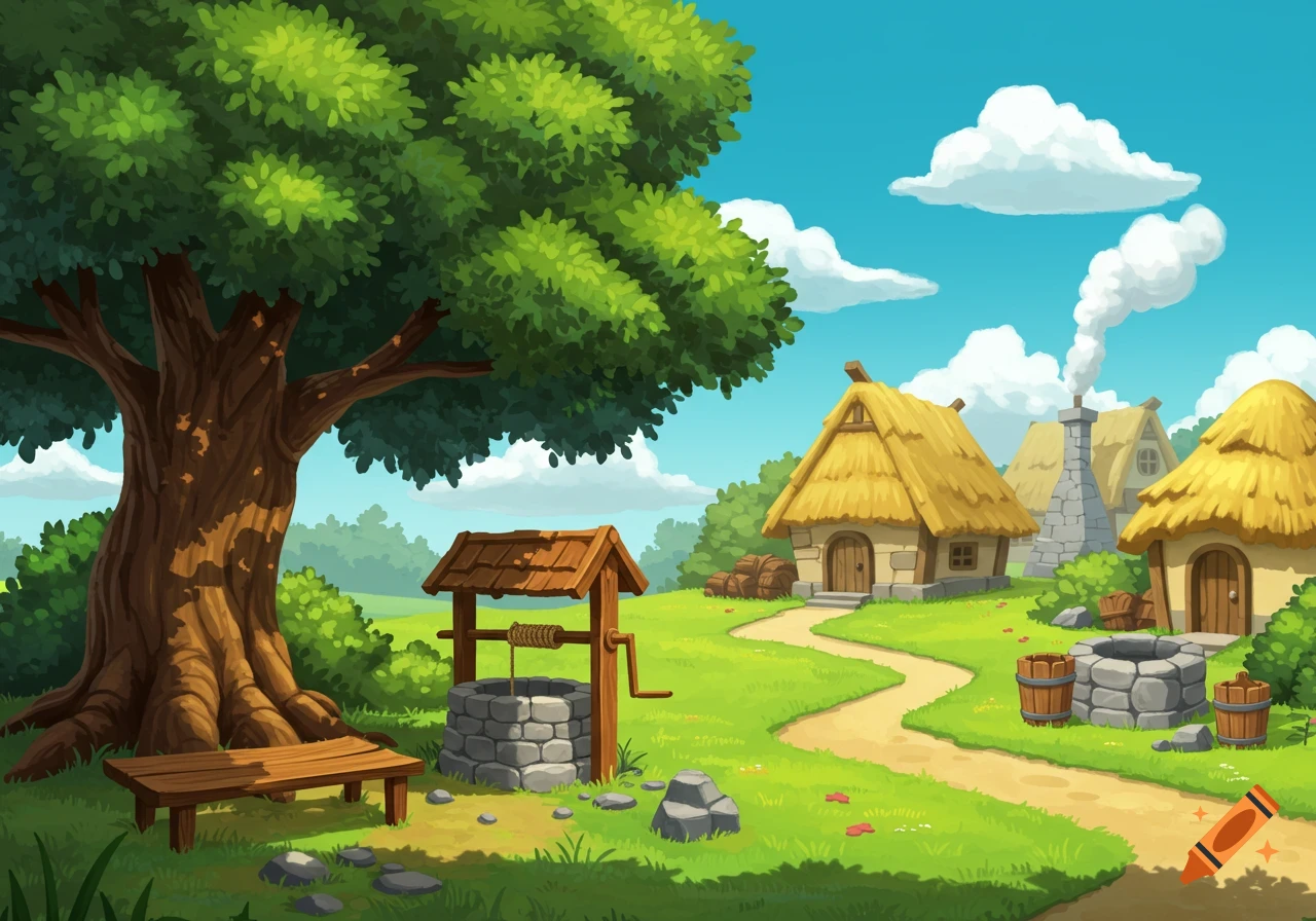 Vibrant cartoon village scene with a large tree, stone well, wooden bench, winding path, and thatched-roof houses. Digital art.