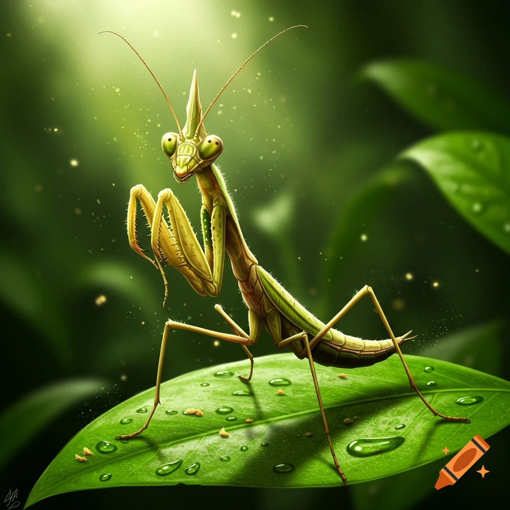 A detailed praying mantis on a green leaf with water droplets, against a lush green background.
