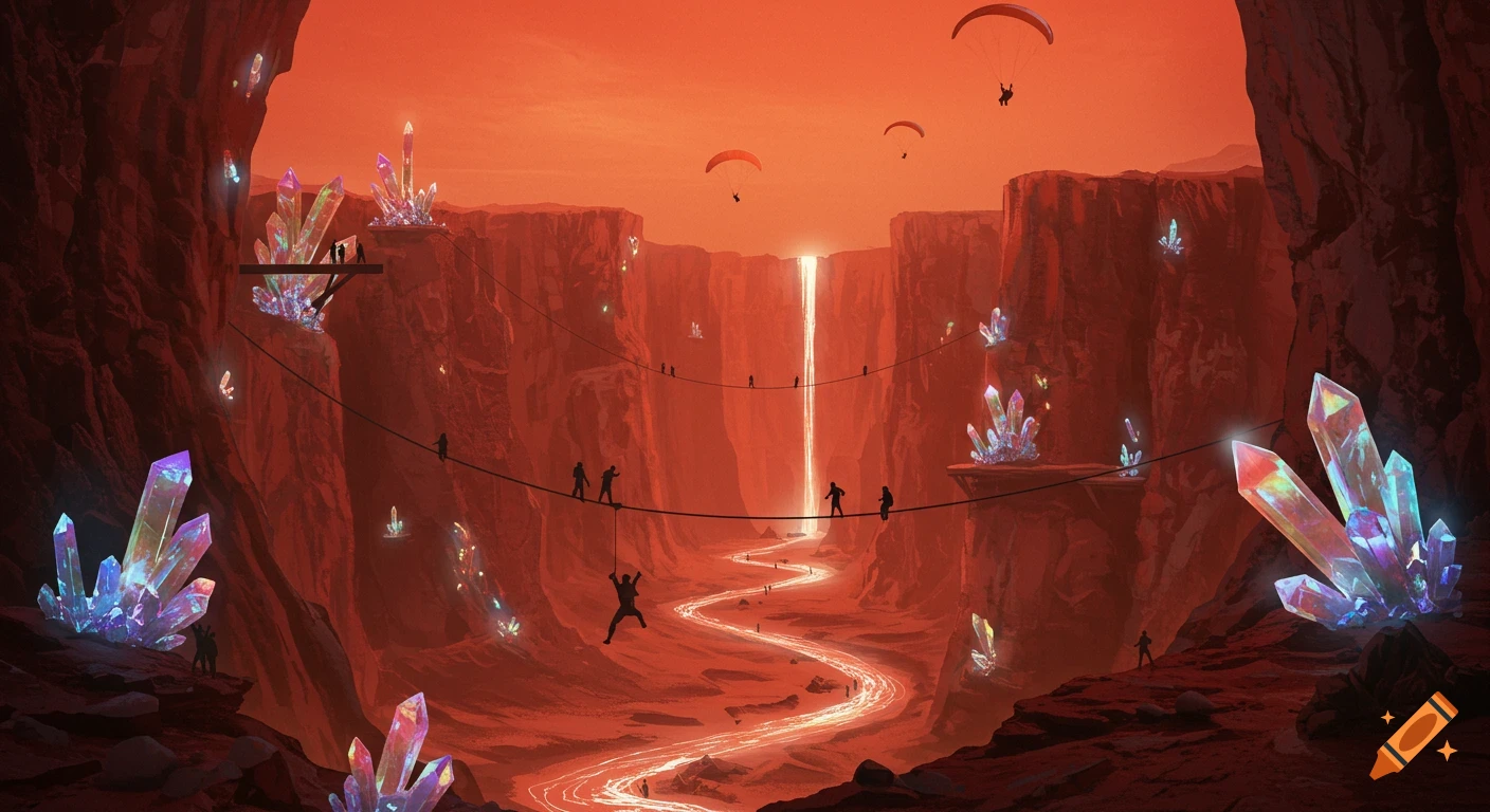 Otherworldly red canyon with glowing crystals, adventurers hiking rope bridges, ziplining, and paragliding above a shimmering river.