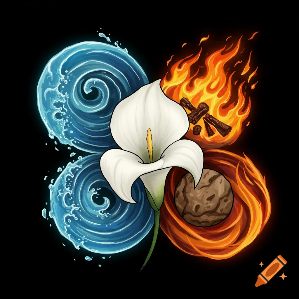A white calla lily surrounded by stylized elements: water swirls, fire with wood, and an earthy brown orb with a fiery swirl, all on a black background.