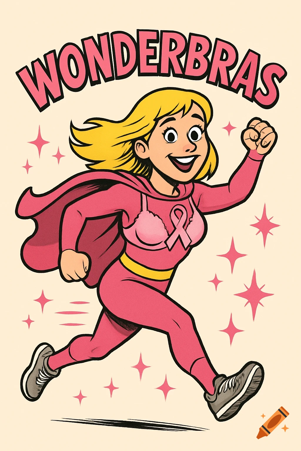 Cartoon of a blonde superheroine in a pink suit and cape, wearing a pink bra with a breast cancer ribbon, running. 'WONDERBRAS' text is above.