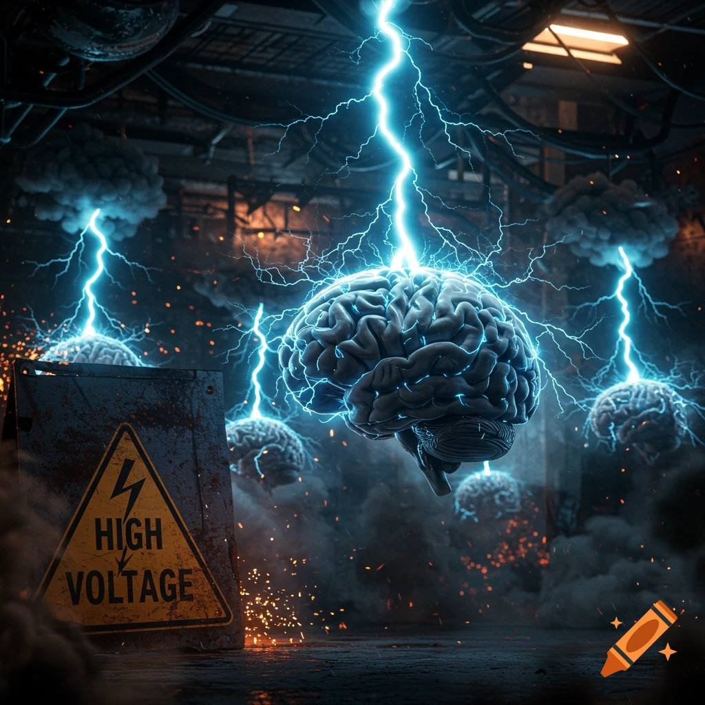 Multiple brains float in a smoky industrial setting with blue lightning bolts. A yellow 'HIGH VOLTAGE' sign is in the foreground.