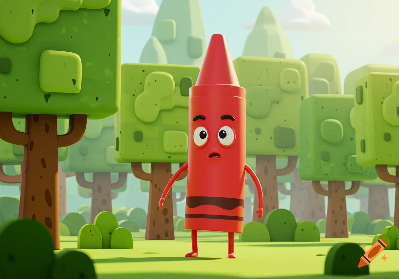 A red cartoon crayon character with a surprised expression stands in a brightly lit cartoon forest with square green trees.