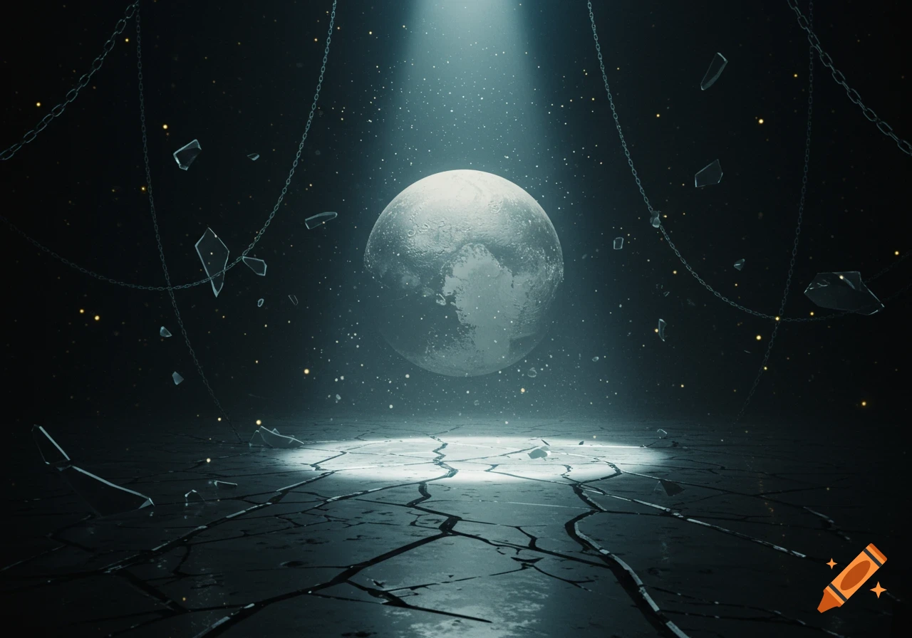 A pale, textured sphere floats above a cracked, reflective floor, illuminated by a spotlight. Chains and glass shards float in a dark, starry void.