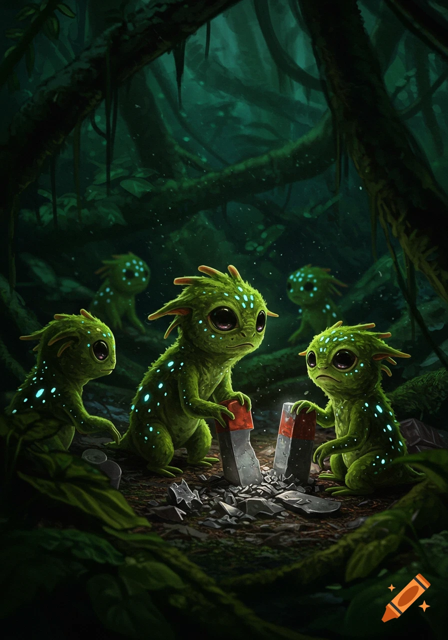 Cute green glowing creatures investigate a broken magnet in a dark, overgrown fantasy jungle.