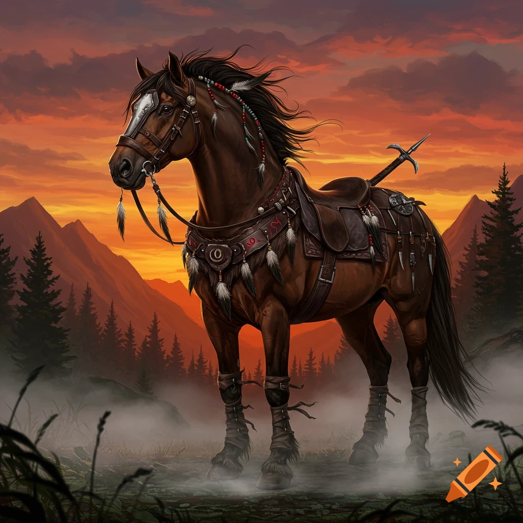 A brown horse with elaborate fantasy tack and a sword on its saddle, standing in a misty mountain landscape at sunset.