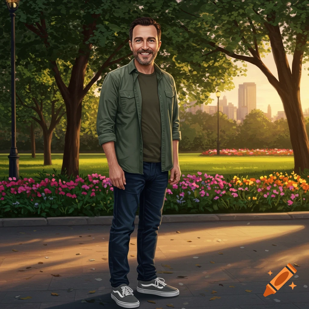 Smiling bearded man in a green shirt and jeans stands in a park with flowers and city background, digital art.