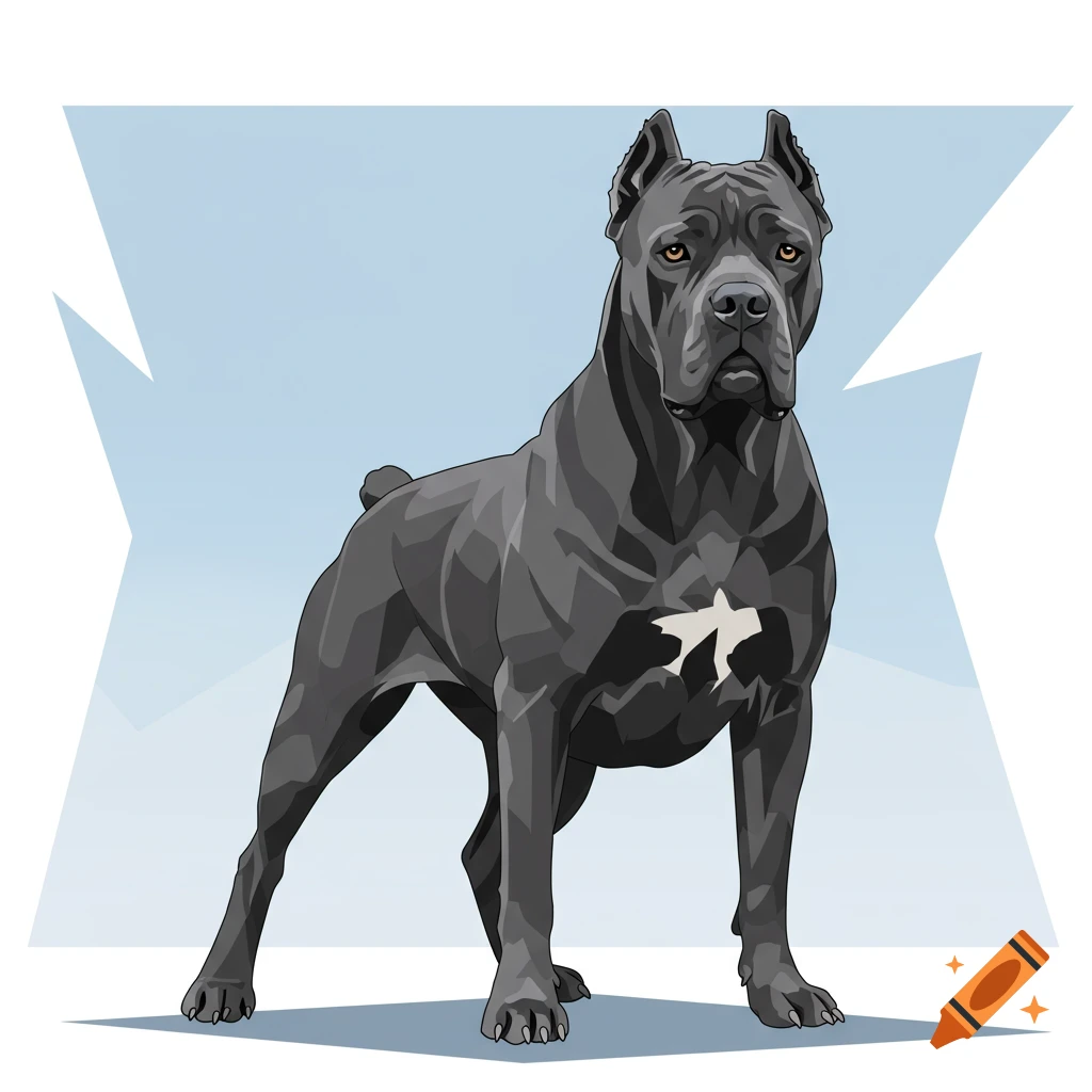 A grey Cane Corso dog with cropped ears stands in a stylized illustration on a light blue background.