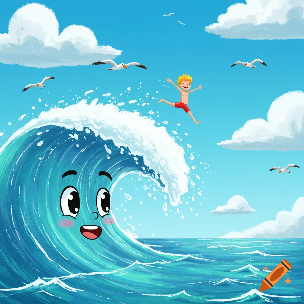 A cartoon boy in red swim trunks leaps over a cheerful, faced ocean wave under a blue sky with seagulls.