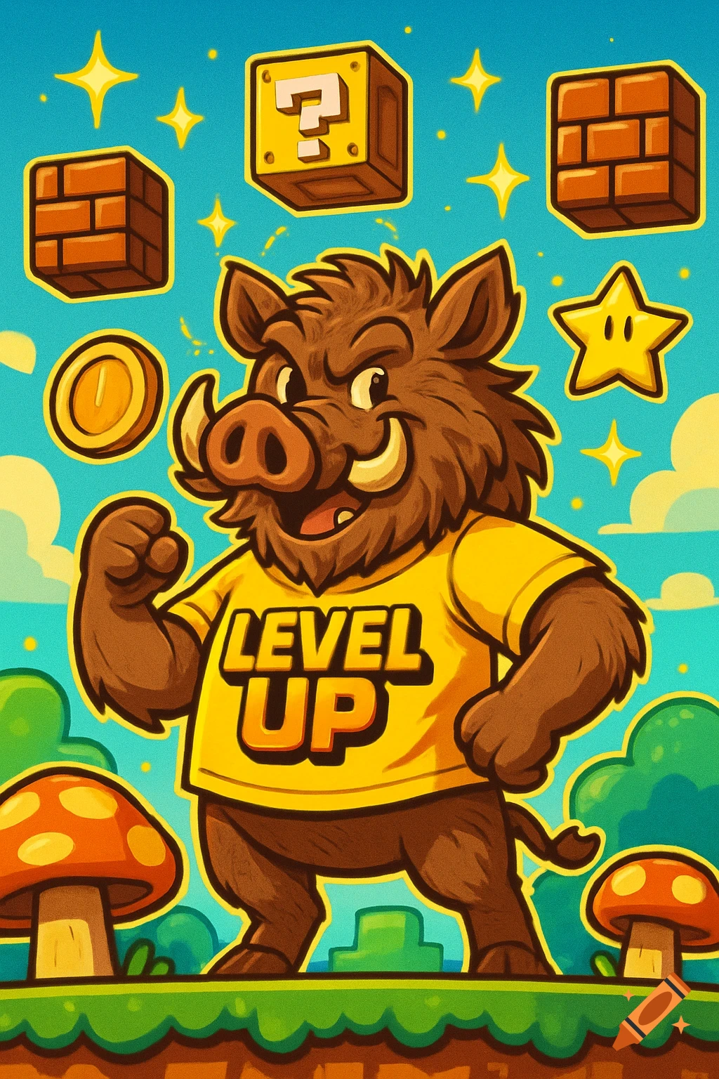 Cartoon wild boar in a yellow 'LEVEL UP' shirt, surrounded by Mario game items: question block, star, coin, and brick.